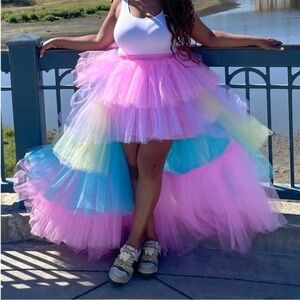 OYEMWEN Pastel Multi-Tier High-Low Tulle Skirt - Pink & Rainbow